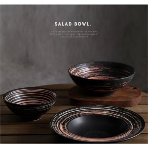 Japanese-style wood grain ceramic large Bowl creative kiln glaze straw hat Bowl spaghetti dish household plate set dinner plates