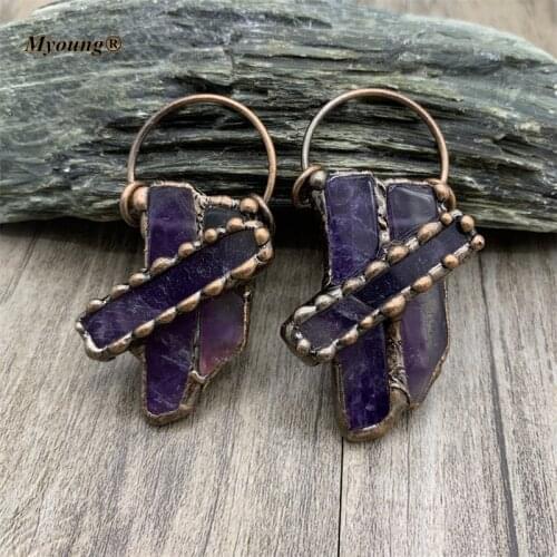 Bronze Soldering Natural Amethysts Crystal Necklace Pendant,Boho Jewelry Vintage Gems Stone Charms Supplies Pendants MY210727