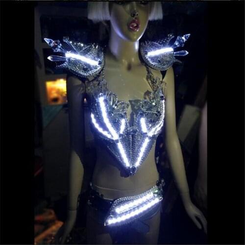 BS004 Female sexy stage show led costumes dj robot luminous bodysuit silver armor best outfit performance clothe cosplay wears