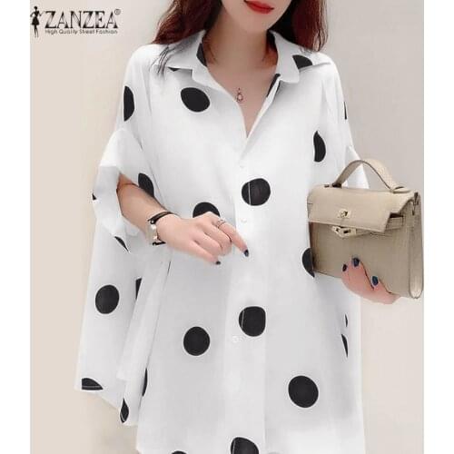 ZANZEA Elegant Polka Dots Shirts Womens Printed Tops Half Sleeve Blusas Female Lapel Button Summer Tunic Plus Size Chemise 5XL
