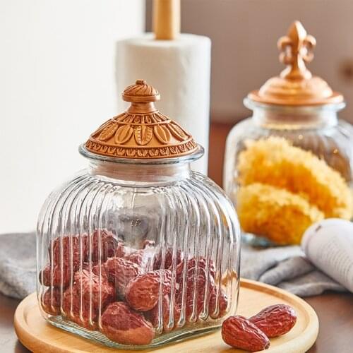 European Glass with Lid Storage Jar Cereal Dispenser Seal Stripe Candy Jars Living Room Snacks Organizer Home Decoration Modern