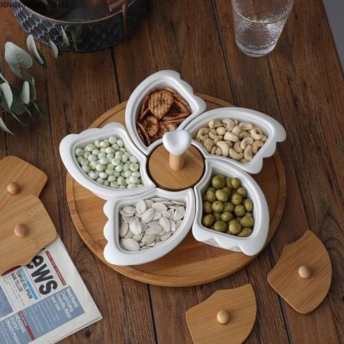 Ceramic Compartment Fruit Plate with Lid Creative Pattern Dessert Plate Rotating Snack Fruit Plate Set Afternoon Tea Storage Box