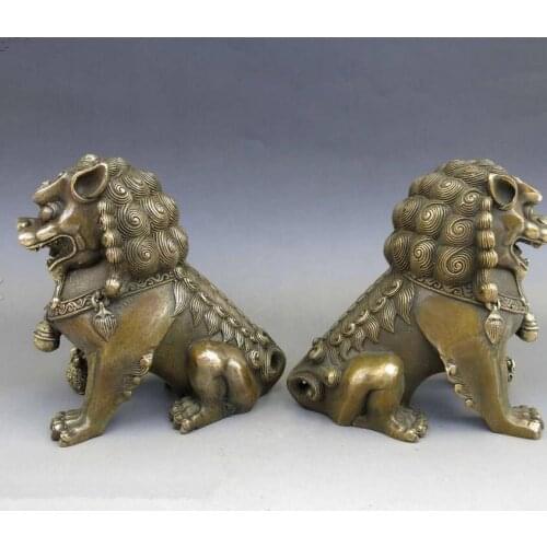 Chinese Brass Copper Animal Feng shui Foo Dog Lion town house Statue pair