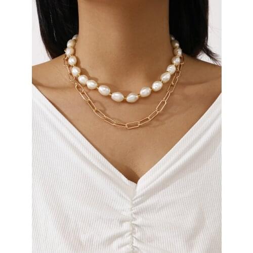 2Pcs Vintage Pearl Necklace Sets for Women Charm Punk Hyperbole Geometric Gold Chain Around the Neck Gift Girls Fashion Jewelry