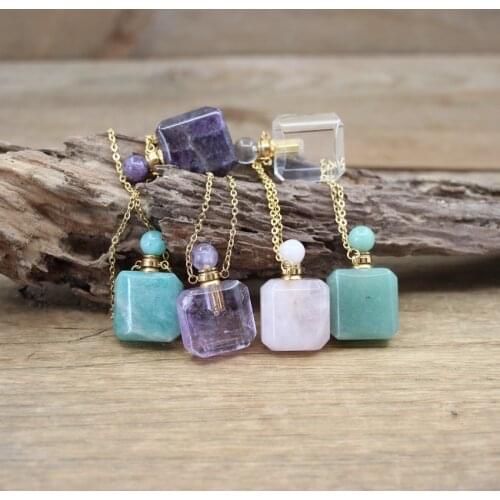 Square Amazonite Essential Oil Vial Pendants Necklaces Sodalite Aventurine Amethysts Quartz Perfume Bottle Charm Jewelry QC1088