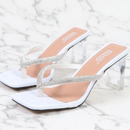 Europe and America Summer Women Slippers Rhinestone square toe high heel flip flop feminine transparent thick heel sandals qq57