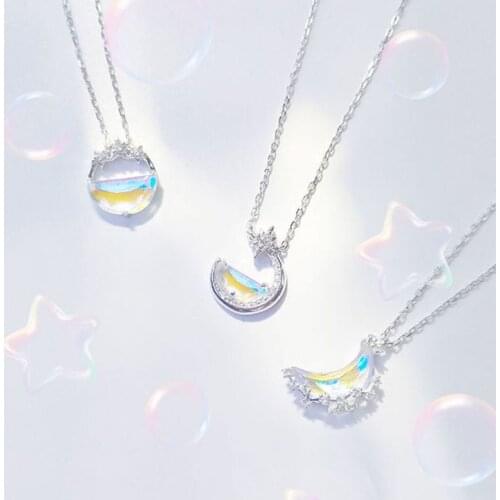 Hot Sale 925 Silver Glowing Moon Necklace Women Crystal Meniscus Full Moon Choker Water In The Moon Pendant for Student Jewelry