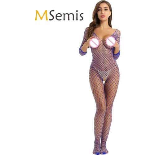 MSemis HOT Sexy Lingerie Women Fishnet Bodystockings Fishnet Open Crotch Catsuit Long Sleeves Closed Toes Full Body Stocking