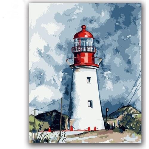 Lighthouse Defend Picture Painting By Numbers Seascape Landscape building with kits package On Canvas Draw coloring by numbers