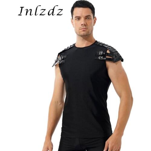 Mens Gothic Punk Patent Leather Clubwear Shoulder Armour T-shirt Round Neck Tops Short Sleeve Tops Tees for Music Festival