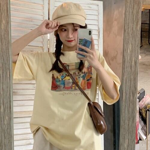 New Loose Printed Short Sleeve Tshirt College Style Womens Casual Tops Tee Student Ins Style Tide Cartoon T Shirt for Girl 2021
