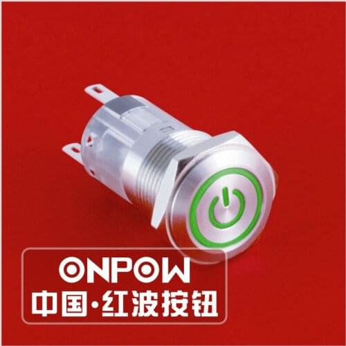 ONPOW 16mm metal waterproof IP65 ring and power symbol illuminated pushbutton switch anti-vandal LAS1-AGQ16-11ET/S