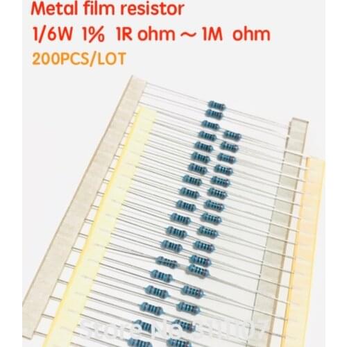200PCS 1/6W 1% Metal Film Resistor 1R - 1M Ohm 10R 56R 100R 470R 390R 1K 4.7K 68K 100K 470K 680K 1M DIP Color Ring Resistance