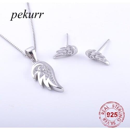 Pekurr 925 Sterling Silver Zircon Feather Wings Earrings Necklace Sets For Women Elegant Pendants Choker Party Jewelry Sets