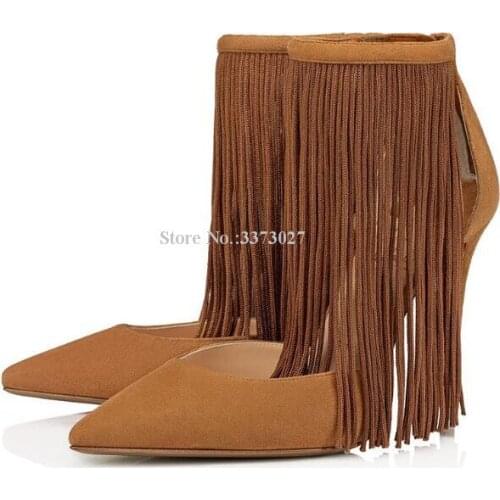 Lady New Tassel Pumps Shoes Women Sexy Brown Black Suede Fringe Stiletto Heel Single Shoes Fashion Large Size Dress High Heels