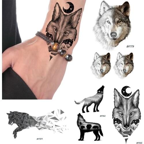 Men Galaxy Planets Crescent Temporary Tattoo Tribal Wolf Waterproof Fake Tatoos Black Body Art Wrist Ankle Decal Tattoo Stickers