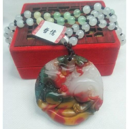 Zheru Jewelry Pure natural colorful jade carving round animal beast pendant Three-color jade bead necklace Send certificate