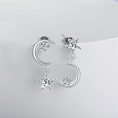 Elegant Women Silver Color Moon Star Crystal Asymmetrical Stud Earrings Fashion Jewelry Pendientes Para Las Mujeres