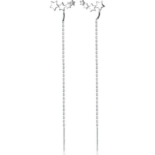 Real 925 Sterling Silver Star Threader Earrings Long Drop Earrings for Women Fine Jewelry