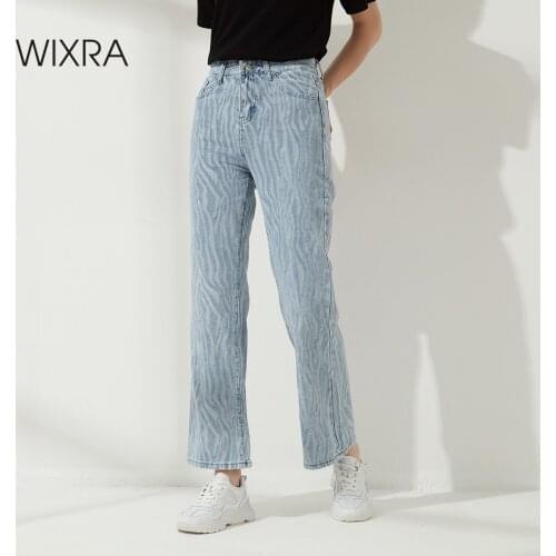 Wixra Womens 2021 New Classic Button Zipper Full Length Pant Ladies Loose Straight Pockets Casual Wide Leg Jeans