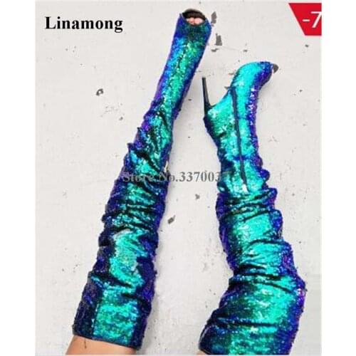 Newest Women Fashion Open Toe Blue Bling Bling Sequined Over Knee Gladiator Boots Shining Thin Heel Thigh High Heel Long Boots