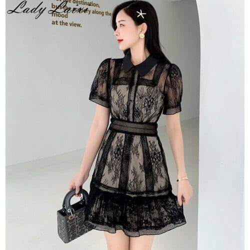 New Arrival Runway Desigher Lace Womens Black Transparent Sexy Hollow Out Summer Mini Short Sleeve Party Mesh Dress Vestido