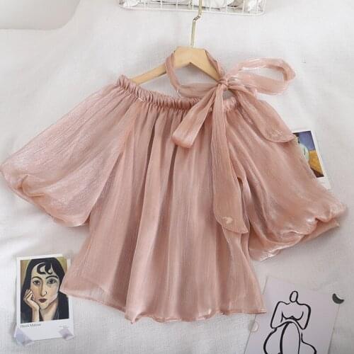 Women Summer Puff Sleeve Slash neck Ruffles Strap Halter Bandage Basic Shirt Casual Lady Short Elastic Slim Pullover Blouse Tops