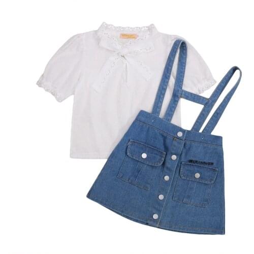 2021 2 Pieces Kids Suit Set, Girls Lace Trim Stand Collar Elbow Sleeve Shirt+ Suspender Skirt for Summer, 2-10 Years