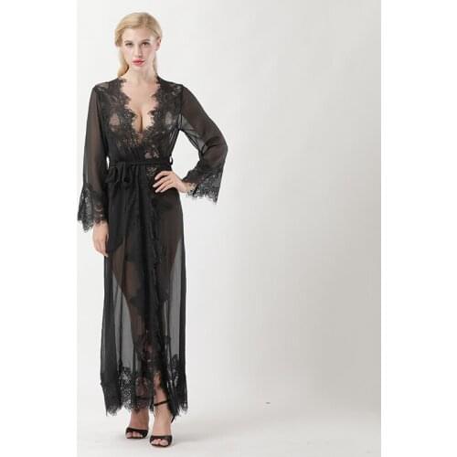 Black Lace Trim Robes Sleepwear See Through Long Sleeves Elastic Mesh Bathrobes Customied Wedding Robes Lace Trim With Belt
