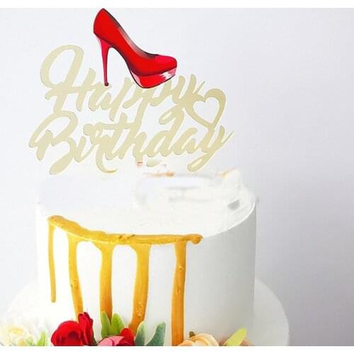 Ins Color Printing High Heels Acrylic Cake Topper Happy Birthday Cake Topper Gold Acrylic Birthday Party Dessert Cake Decoration