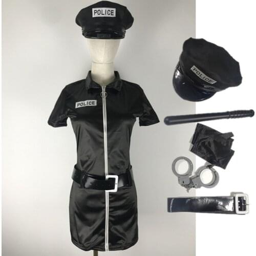 5Pcs/Set Adult Policewoman Costume Sexy Cop Officer Police Women Uniform Cosplay Fancy Dress Hat Gloves Belt Handcuff