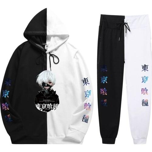 Summer Mens 2 Pieces Sets Anime Harajuku Man woma Tokyo Ghoul Print Patchwork Thin Hoodie+PatchworkPants The Sweatshirt