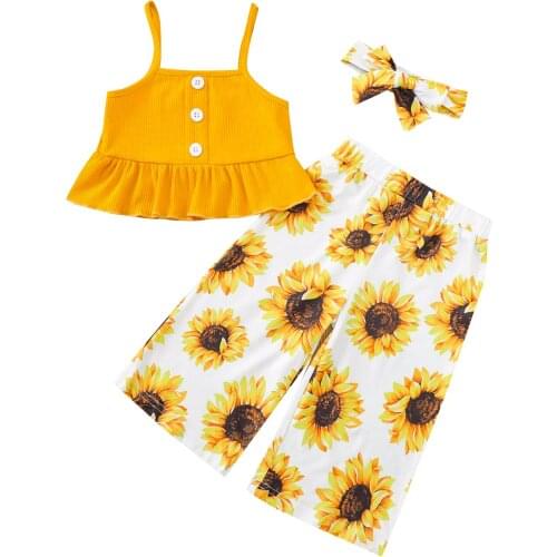 New Kids Girls Clothes Sets 3pcs Single Breasted Ruffles Sleeveless Vest Sunflowers Print Wide Leg Pant
