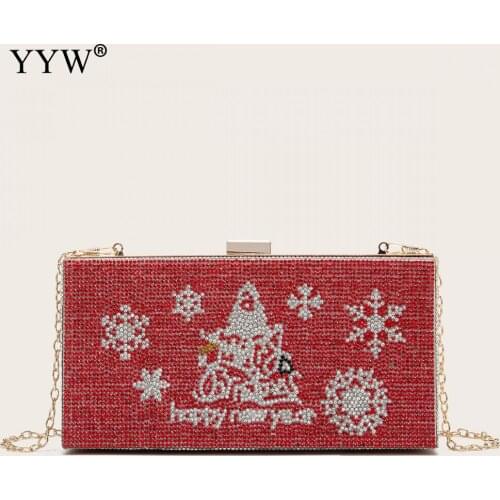 Christmas Gift Evening Bags Red Snow Happy New Year Day Clutch Diamonds Party Wedding Handbags Rhinestones Purse Shoulder Bags