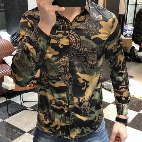 2021 Spring Long Sleeve Slim Shirt Men Fancy Ropa Hombre Casual Shirt Men Dress Streetwear Camouflage Shirt Men Camisa Masculina