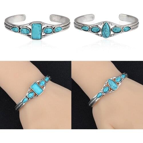 Vintage Natural Stone Cuff Bangle Ethnic Water Drop Square Adjustable Open Bangle Bracelet Women Bohemia Fashion Jewelry