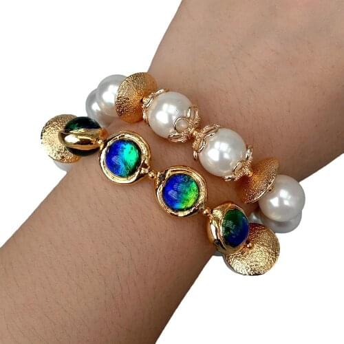 YYGEM 2 Strands White Round Sea Shell Pearl Blue Murano Glass Gold plated charm Bracelet 8" Girlfriend Gift