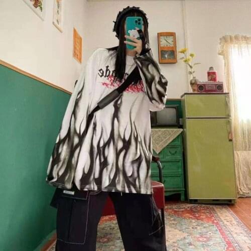 Retro European and American High Street Loose Long Sleeve Round Neck Hoodies Flame Print Y2K Pullover Women Grunge Street Wear