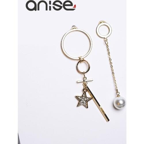 Anise Circle Pearl Stud Earrings Asymmetric Five Pointed Star Crystal Tassel Earrings Women Exquisite Korean Earrings Jewelry