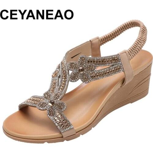 CEYANEAO Wedges Platform Shoes Woman Roman Sandals Casual Wedge Dress Sandal Beach Slippers Bohemia Style Bling Women Shoes