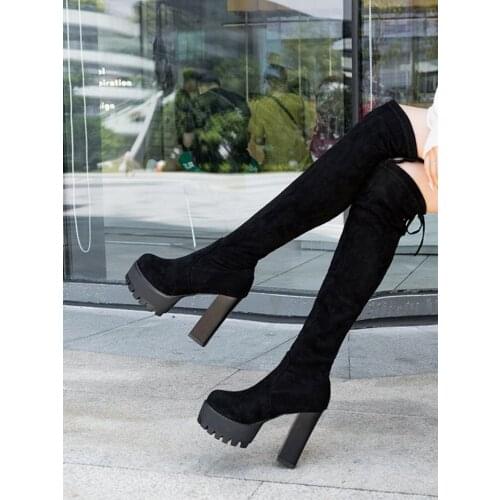 2021 Winter Sexy Boots Tight Knight Suede Round Toe Combat For Women Warm Slip On Over The Knee Botines De Mujer