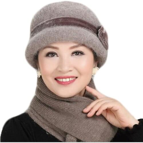 Women Winter Hat Scarf Sets Floral Skullies Wool Mixed Rabbit Fur Warm Hats Outdoor Knitted Beanies Baggy Headwear Caps 2020