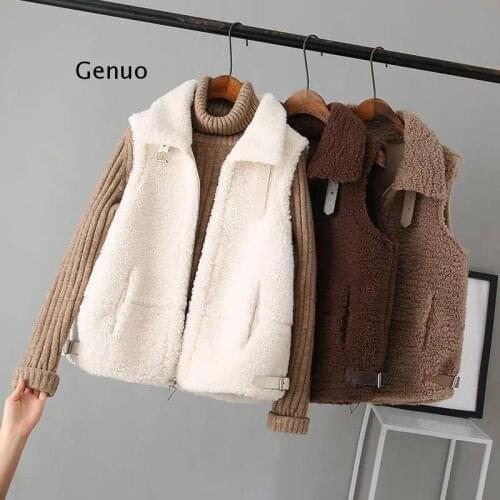 Women Vests Solid Zipper Autumn Winter Lamb Wool Fashion