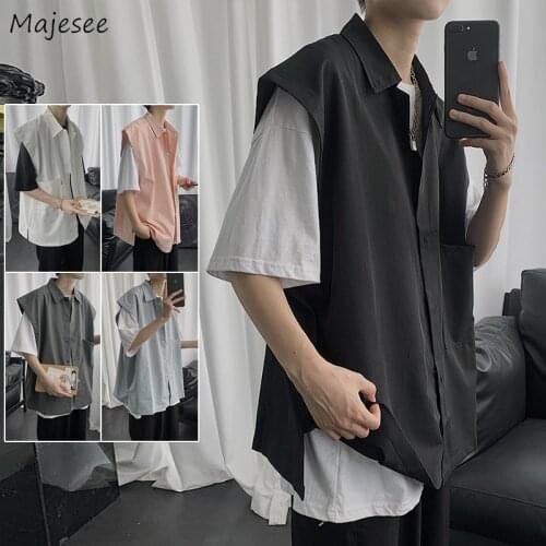 Vests Men Turn-down Collar Casual Loose Solid Simple Sleeveless Waistcoats Hip-hop Ins Harajuku All-match Summer Outwear Couples