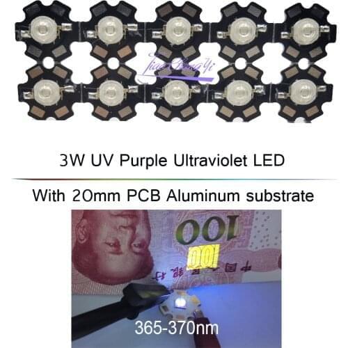 10pcs/lot 3W High Power LED UV Light Chip 365-370nm Ultra Violet Bulbs Lamp with 20mm PCB Aluminum substrate