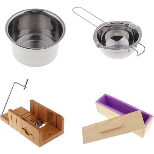 4pcs 900ml Silicone Soap Making Loaf Mould with Lid + Soap Cutter with Beveler and Wire Slicer + Soap Melting Pot Double Boiler