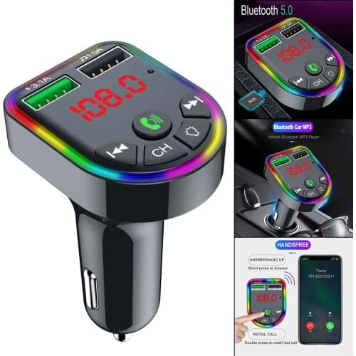 Car Charger Wireless Bluetooth 5.0 FM Transmitter Quick Charge Music Player Hands-Free Call 2 USB Ports USB Drive