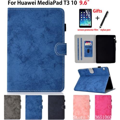 Case For Huawei MediaPad T3 10 AGS-L09 AGS-W09 AGS-L03 9.6" Smart Cover Funda Tablet Silicone PU Leather Stand Shell +Film+Pen