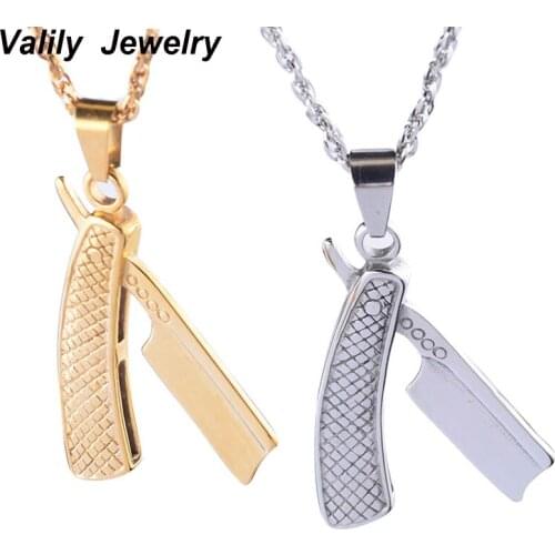 EdgLifU Vintage Men Barber Necklace Stainless Steel Gold Color Male Blade Shape Pendant Jewelry long Chains Necklaces