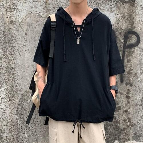 Cotton and linen short-sleeved t-shirt male Korean loose hooded thin sweater jacket summer couple top